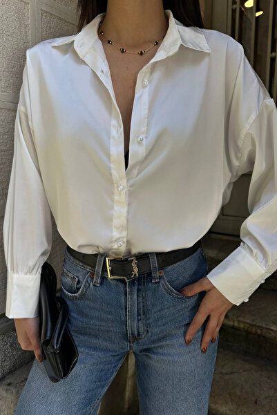 moda poni Women's White Ruched Detail Satin Shirt