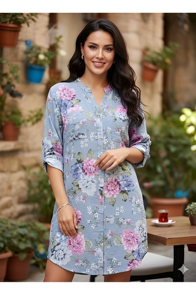 AGORATEKSTİL Women's Original Italian Floral Patterned Short Shirt Dress