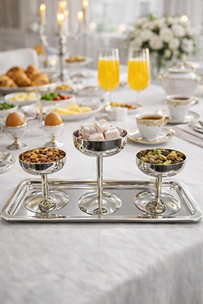 isra kristal Stainless Steel 3-Piece Footed Bowl + 1 Tray – Luxury Tray Prese...