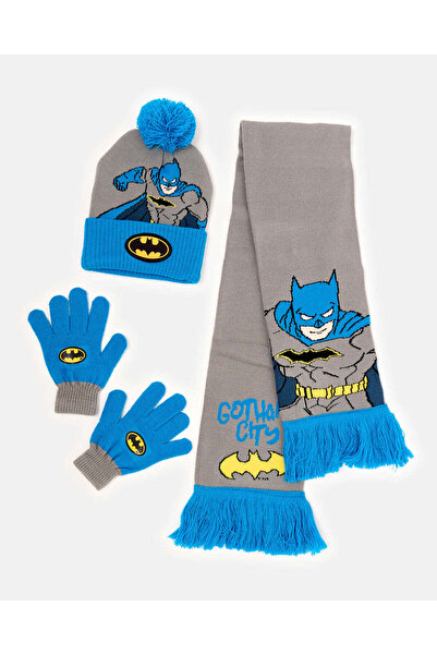 REDTAG طقم أوشحة محبوكة للأولاد باللونين الأزرق والرمادي بنقشة باتمان (3 قطع)