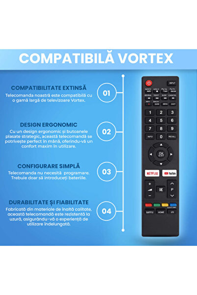 temix Telecomanda compatibila Vortex, V40R5162S, butoane dedicate Netflix, Youtube, TEMIX®