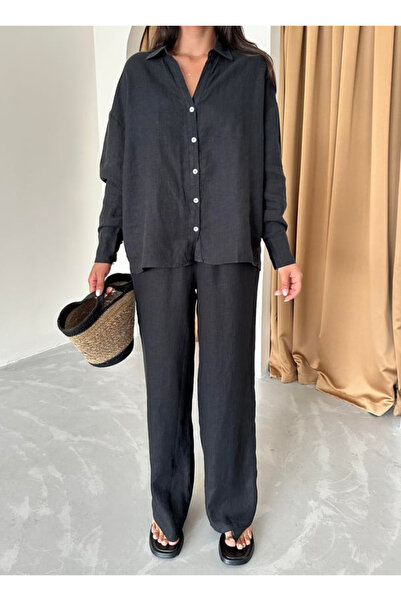 My Blog Black Back Clamp Detailed Linen Shirt Pants Set