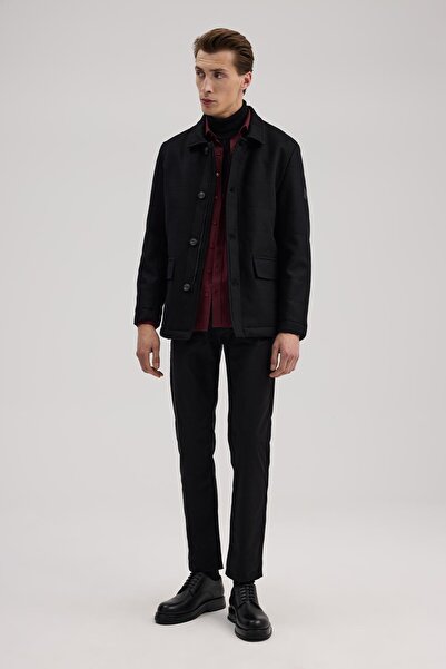 Jakamen Black Slim Fit Peter Pan collar Wool Coat