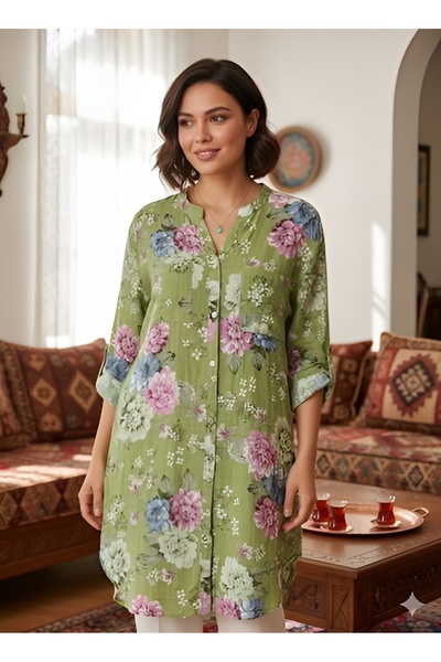 AGORATEKSTİL Women's Original Italian Floral Patterned Short Shirt Dress