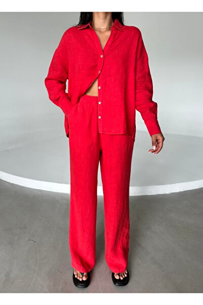 My Blog Red Linen Shirt and Trousers Set with Back Hem Detail