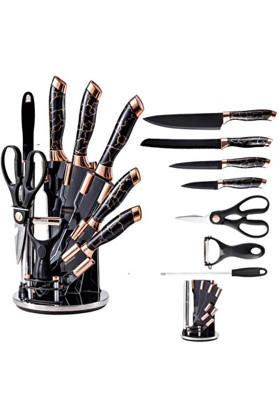 4as Kitchen Knife Set with Rotating Holder, 8 Pieces, Black and Rose Gold Mar...