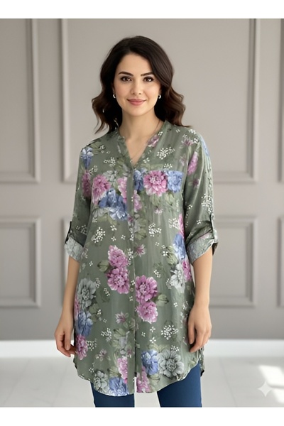 AGORATEKSTİL Women's Original Italian Floral Patterned Short Shirt Dress