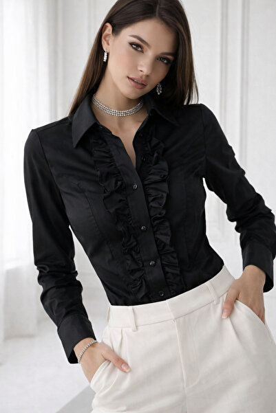 Rich Women's Black Ruffle Detailed Long Sleeve Shirt