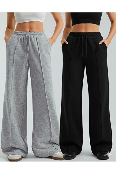 HRM COLLECTİVE Kadın 2 adet siyah gri önü çımalı angel modeli düz paça eşofma...