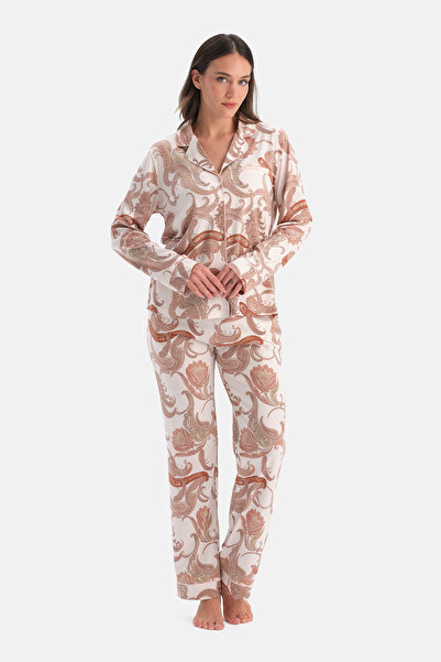 Dagi Light Pink Shawl Pattern Combed Cotton Modal Shirt Pants Pajamas Set