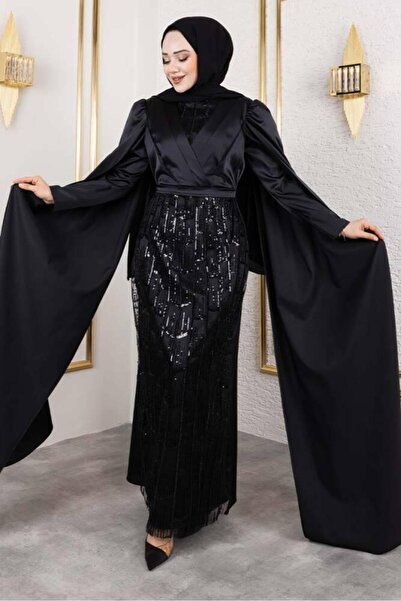 Kalemen Moda Önü Drape Detalı Saten Abiye 8016 Siyah