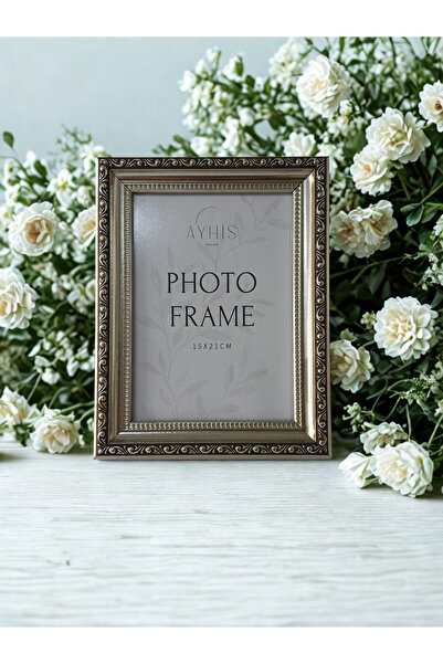 AYHİS DESIGN 15x21 cm Gümüş Klasik Eskitme Çerçeve – Mat Camlı, Arkalıklı, Du...