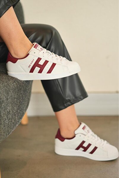 SOLAZER Women's White Burgundy Stripe Detailed Orthopedic Sneaker 059-K