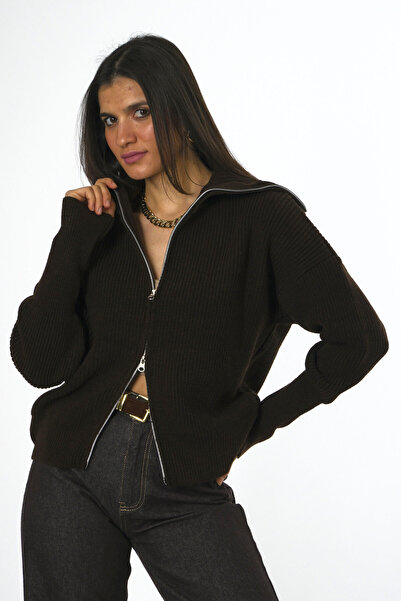 ABBRA Women's Double Zipper Collar Thick Cardigan