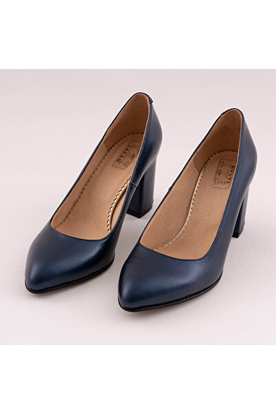 VAGAM Pantofi din Piele Naturala Bleumarin cu Toc Gros