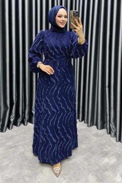 Kalemen Moda فستان إليزا مزين بالشراشيب 6227 أزرق داكن