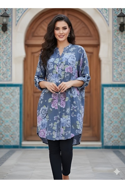 AGORATEKSTİL Women's Original Italian Floral Patterned Short Shirt Dress