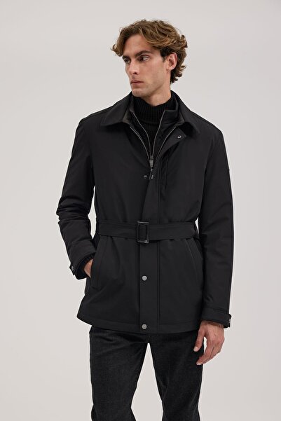 Jakamen Black Comfort Fit Peter Pan collar Belted Coat