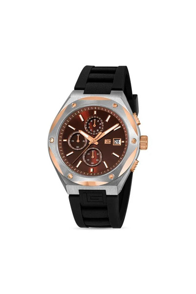 Guy Laroche ساعة رينو كرونوغراف للرجال، مينا بني، سوار جلدي بني، قطر 44.5 مم