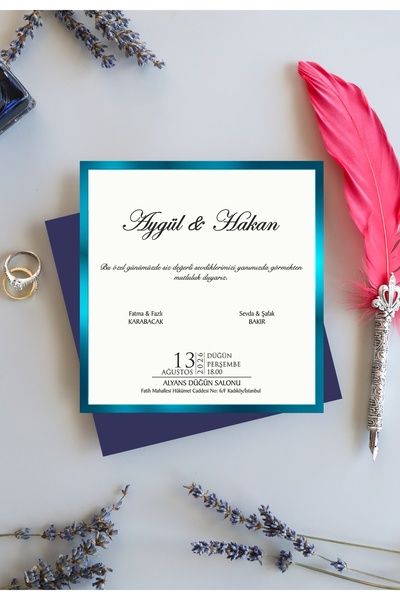 Pixel Davetiye 50 Adet Lacivert Düğün Davetiye Altın Yaldızlı-Düğün-Nişan-Kın...