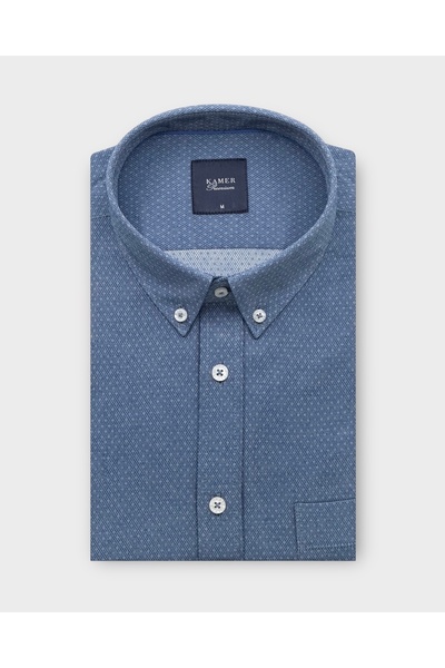 KAMER Regular Fit Long Sleeve Button-Up Collar Patterned Petrol Shirt 4076Pe