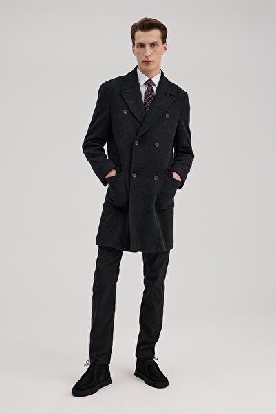 Jakamen Antrasit Comfort Fit Kruvaze Yünlü Kaban