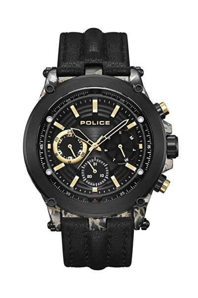 Police ساعة تامان للرجال، مينا أسود وسوار من الجلد الأسود