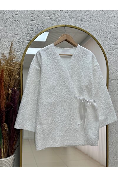 MİHRA STORE Begüm Tied Boucle Jacket-Fs1237 White