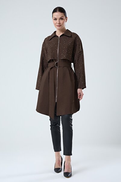 Jupe Kadın Taş İşlemeli Kemerli Uzun Trençkot 9292
