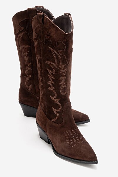 LuviShoes MATIAS Kahverengi Süet Hakiki Deri Kadın Nakışlı Western Çizme