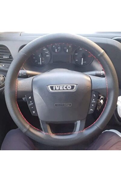 HASBAY DİKİŞLİ DİREKSİYON KILIFI SİYAH / NOKTA DERİ KIRMIZI DİKİŞLİ IVECO DAİ...