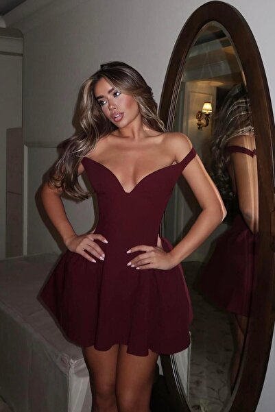 theanemos Düşük Omuz Prenses Kesim Kloş Mini Elbise - Bordo