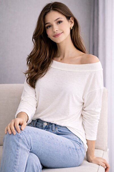 b buhari bykoc Soft Textured Off-Shoulder Boat Neck Foam Fabric Blouse