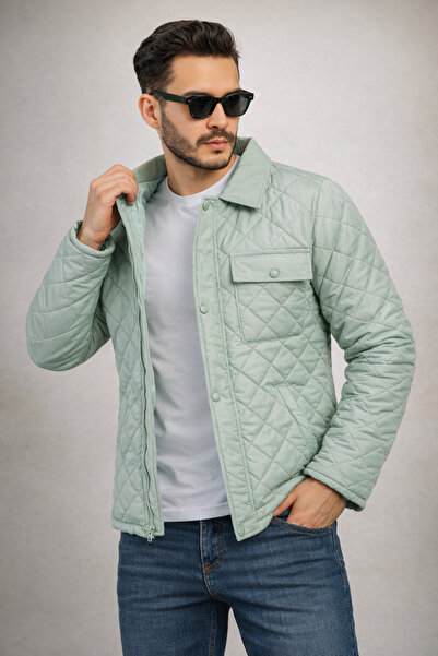 Polo State Men's Quilted Diamond Patterned Slim Fit Mint Green Coat Jacket