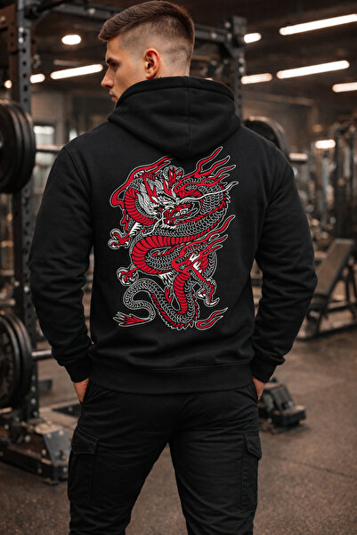 dont quıt Men's Black Hooded Sweatshirt Dragon Back Printed