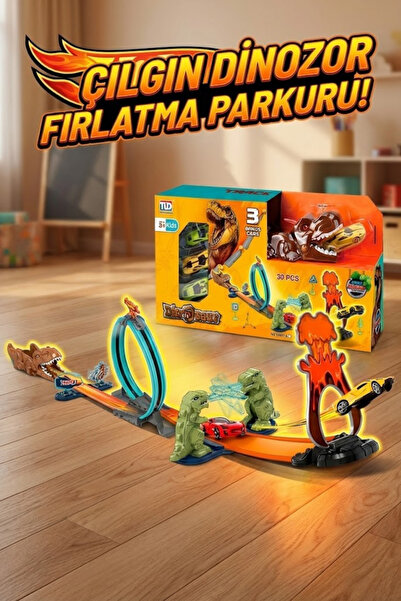 craftivio Dinozor Temalı Fırlatma ve Yarış Pisti Seti - 3 Arabalı, 360 Çember...