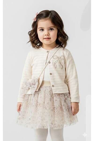 Baby Rose Bow Embroidered Cardigan Sweet+Bag Skirt 4-Piece Children's Set