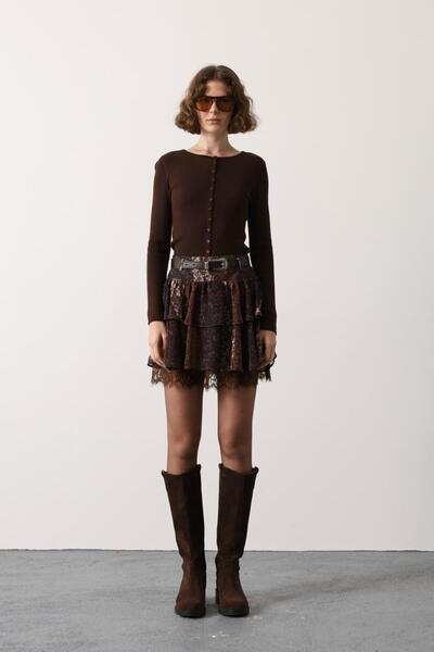 D'RECCY Women's Belted Ruffled Patterned Mini Skirt