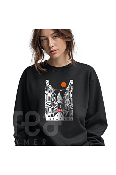 Crea Eymer Wear سويت شيرت اسطنبول تاكسيم سيلويت بي مطبوع برقبة دائرية - أسود