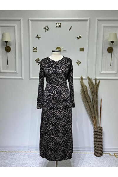 ModaMinar Kadın Yeni Sezon Yakası Biye Modelli Leopar Desen Anne Elbisesi