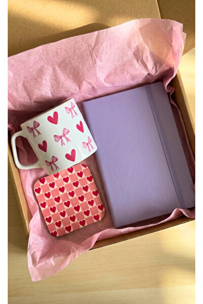 glowoow Arkadaşa Doğum Günü Hediyesi-Kalpli Kupa & Lila Defter Pembe Pelur Do...