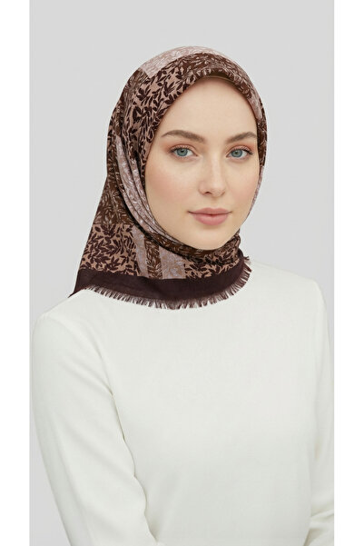 Karaca Eşarp Wool Scarf with Leaf Pattern - Brown / Cream
