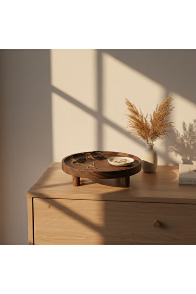 Home Natural Wooden Pedestal Serving Plate - 25 cm Solid Wood Cheese and Frui...