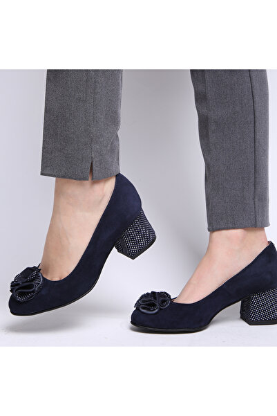 VAGAM Navy Blue Genuine Leather Shoes with Thick Heels