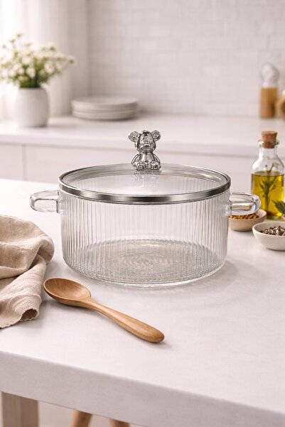 Evila Isıya Dayanıklı Cam Tencere | Şık Ayıcık Kulplu