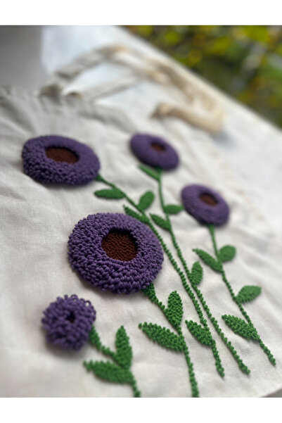 EL YAPIMI Punch Nakışlı Çiçekli Bez Çanta