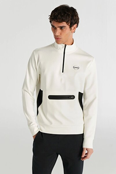 hummel 922255-9003 Ekru Erkek Fermuar Boğazlı Gizli Kanguru Cep Detaylı Sporc...