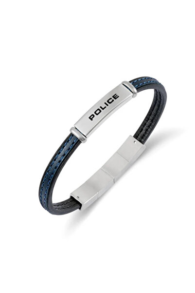 Police Recall Black & Blue Flat Leather Bracelet for Men