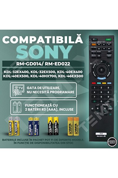 temix Telecomandă compatibilă Sony, KDL-32EX400, KDL-32EX500, KDL-40EX400, KDL-40EX500, RM-GD014, RM-ED022