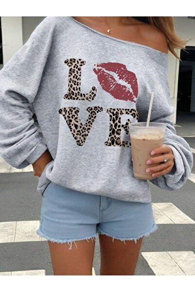 OVER HEAD Γυναικείο φούτερ με στάμπα σε γκρι απόχρωση Love Lip, με λαιμόκοψη ...